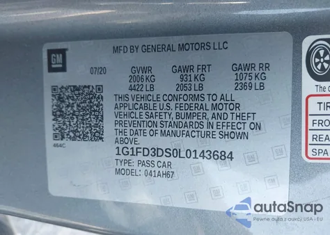 2020 Chevrolet Camaro Rwd 2Lt z USA, uszkodzony, nr VIN 1G1FD3DS0L0143684